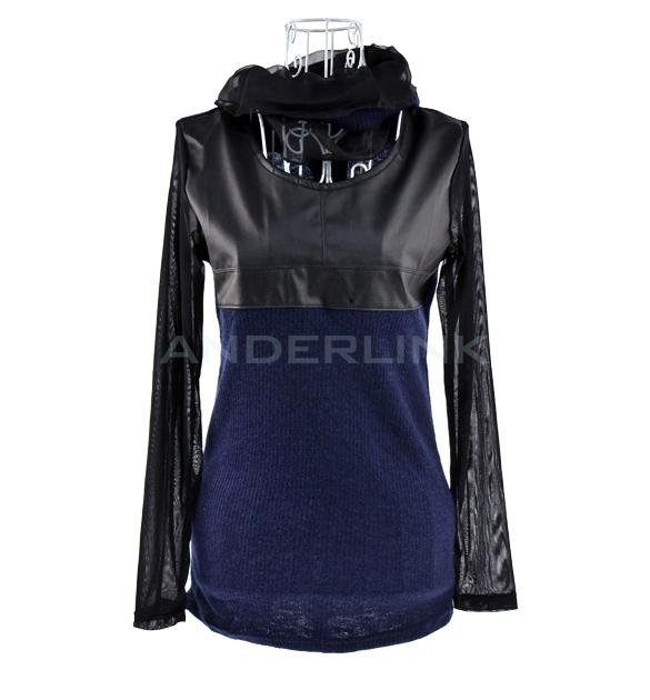 unknown New Sexy Top Detachable Collars Synthetic Leather Splicing T-shirt Blouse