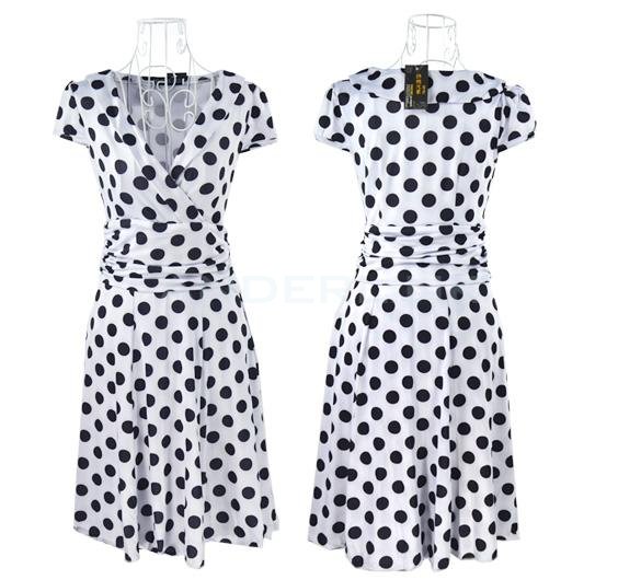 Sexy Career Women's High Waist Slim Short Sleeve V Neck Polka Dot Mini Dress