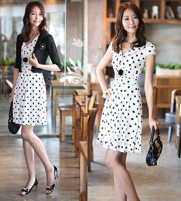 Sexy Career Women's High Waist Slim Short Sleeve V Neck Polka Dot Mini Dress