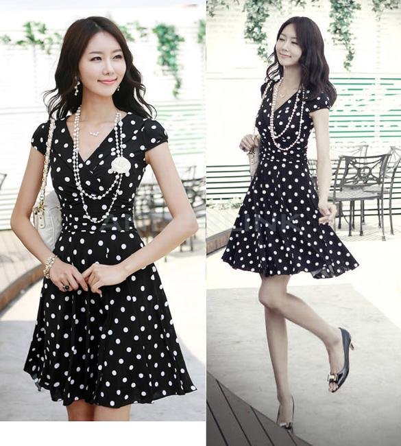 unknown Sexy Career Women's High Waist Slim Short Sleeve V Neck Polka Dot Mini Dress