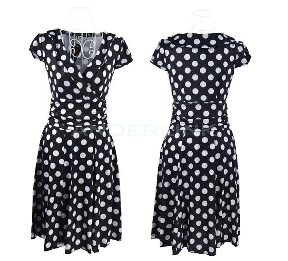 Sexy Career Women's High Waist Slim Short Sleeve V Neck Polka Dot Mini Dress