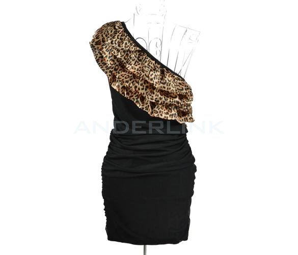 New Women Sexy One Off Shoulder Layers Bodycon Stretch Slim Fit Party Cocktail Clubwear Short Mini Dress Black + Leopard