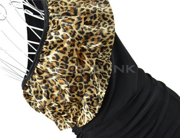New Women Sexy One Off Shoulder Layers Bodycon Stretch Slim Fit Party Cocktail Clubwear Short Mini Dress Black + Leopard
