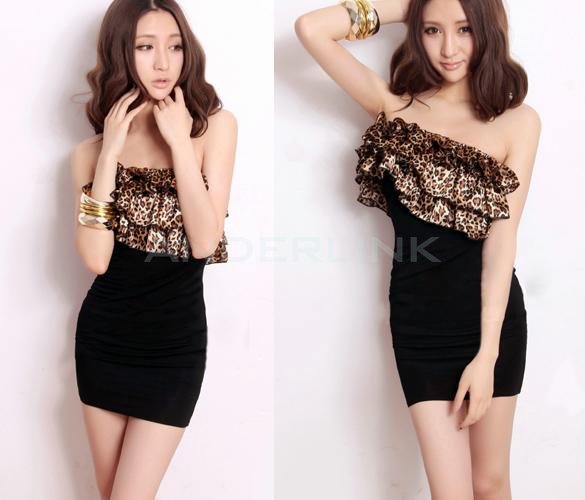 unknown New Women Sexy One Off Shoulder Layers Bodycon Stretch Slim Fit Party Cocktail Clubwear Short Mini Dress Black + Leopard