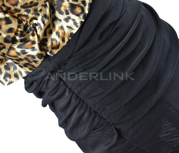 New Women Sexy One Off Shoulder Layers Bodycon Stretch Slim Fit Party Cocktail Clubwear Short Mini Dress Black + Leopard
