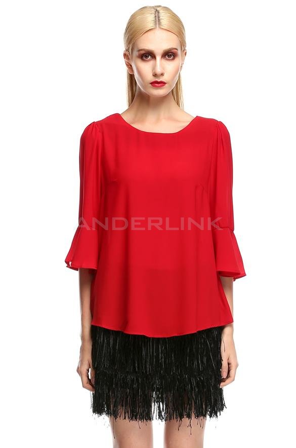 unknown Stylish Women's Loose 3/4 Trumpet Sleeve O-neck Chiffon Blouse Tops Shirt