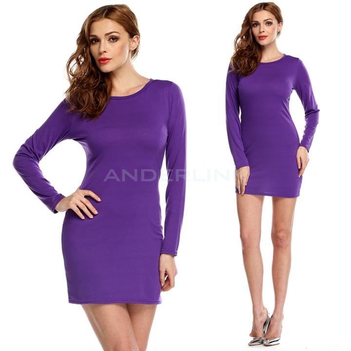 unknown Stylish Lady Women's Casual New Fashion Long Sleeve O-neck Solid Stretch Dress