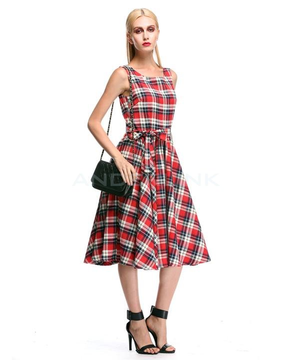 unknown Stylish Lady Women's Retro Style Sexy Sleeveless Grid Pattern Slim Casual Prom Party Swing Dress With Belt