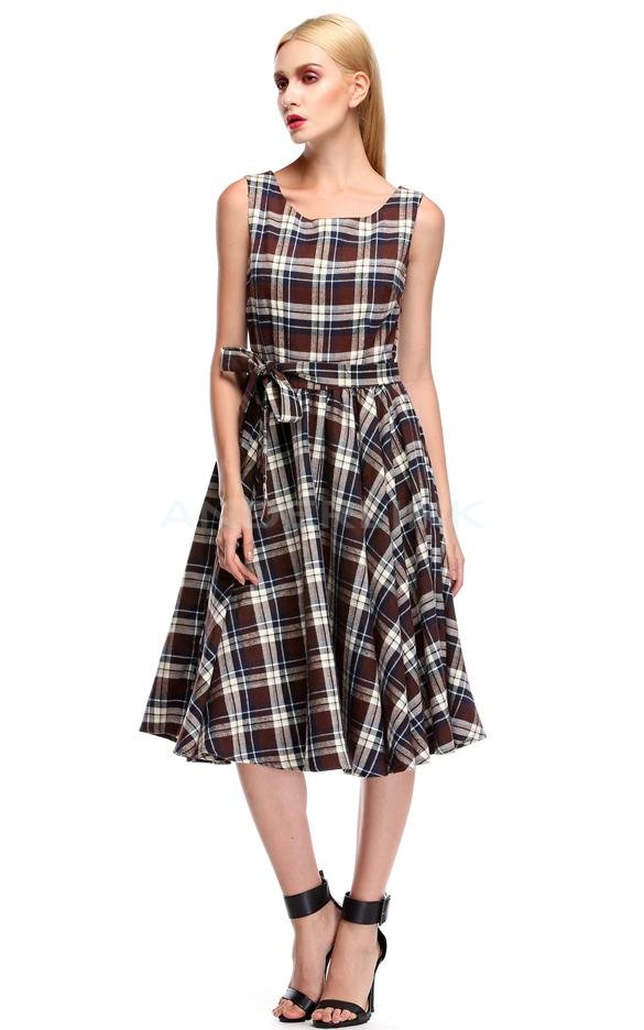 unknown Stylish Lady Women's Retro Style Sexy Sleeveless Grid Pattern Slim Casual Prom Party Swing Dress With Belt