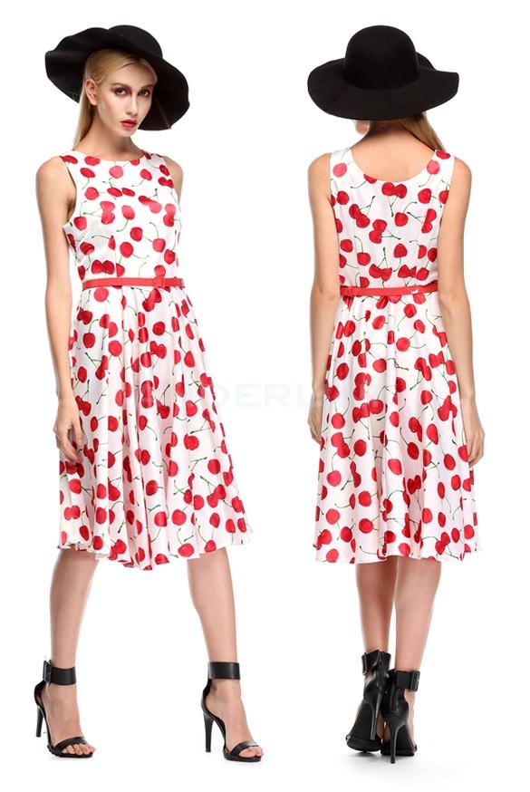 unknown Stylish Women's Retro Style Sexy Sleeveless Cherries Pattern Slim Prom Party Cocktail Swing Dress With Belt