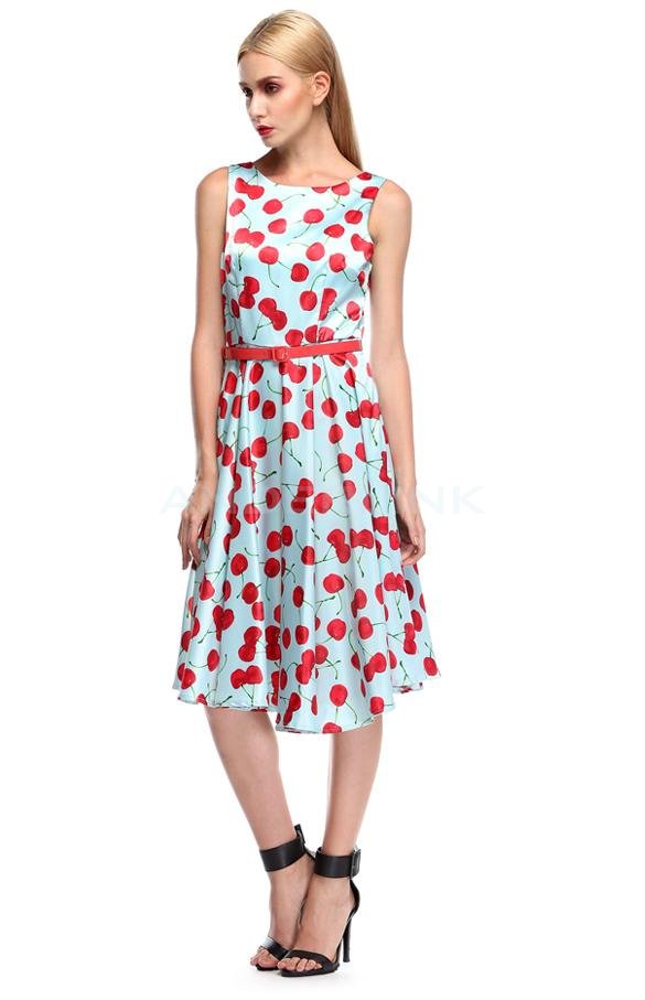 unknown Stylish Women's Retro Style Sexy Sleeveless Cherries Pattern Slim Prom Party Cocktail Swing Dress With Belt