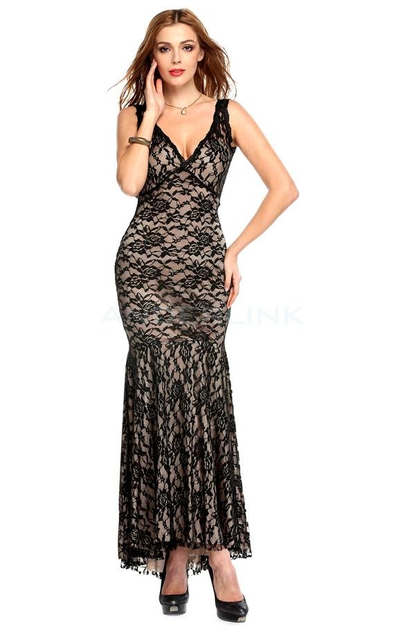 unknown New Fashion Women Black Sexy V-neck Sleeveless Backless Lace Bridesmaid Gown Ball Party Cocktail Evening Maxi Dress