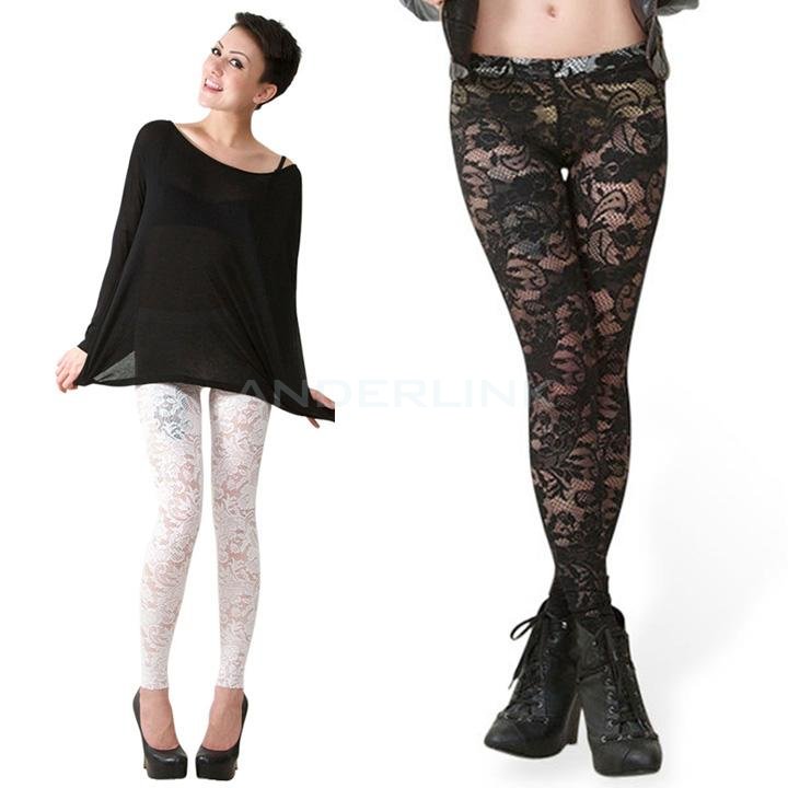 unknown New Fashion Sexy Women's Hollow Out Flower Lace Slim Elastic Waist Leggings