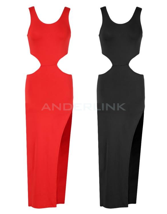 Stylish Lady Women Sexy O-Neck Sleeveless Sundress High Waist Hollow Out Side Split Cocktail Party Bodycon Dress