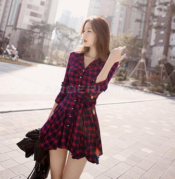 Stylish Lady Women's New Fashion Long Sleeve Lapel Plaid Sexy Dress