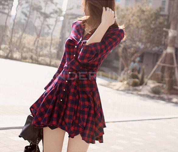 Stylish Lady Women's New Fashion Long Sleeve Lapel Plaid Sexy Dress