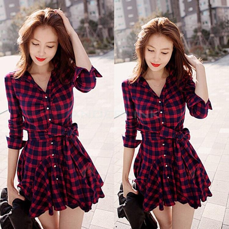 Stylish Lady Women's New Fashion Long Sleeve Lapel Plaid Sexy Dress