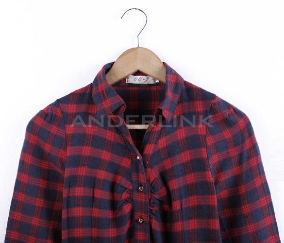 Stylish Lady Women's New Fashion Long Sleeve Lapel Plaid Sexy Dress