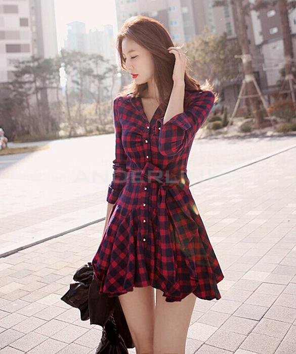 Stylish Lady Women's New Fashion Long Sleeve Lapel Plaid Sexy Dress