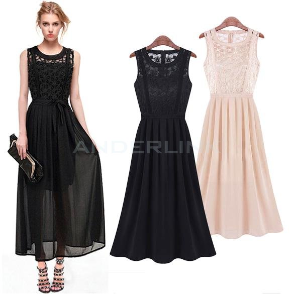 Stylish Lady Women's O-Neck Sleeveless Sundress Patchwork Party Cocktail Chiffon Long Dress
