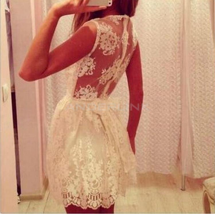 Stylish Lady Women Sweet O-Neck Sundress Lace Floral Bow Decor Casual Party Pleated Dress