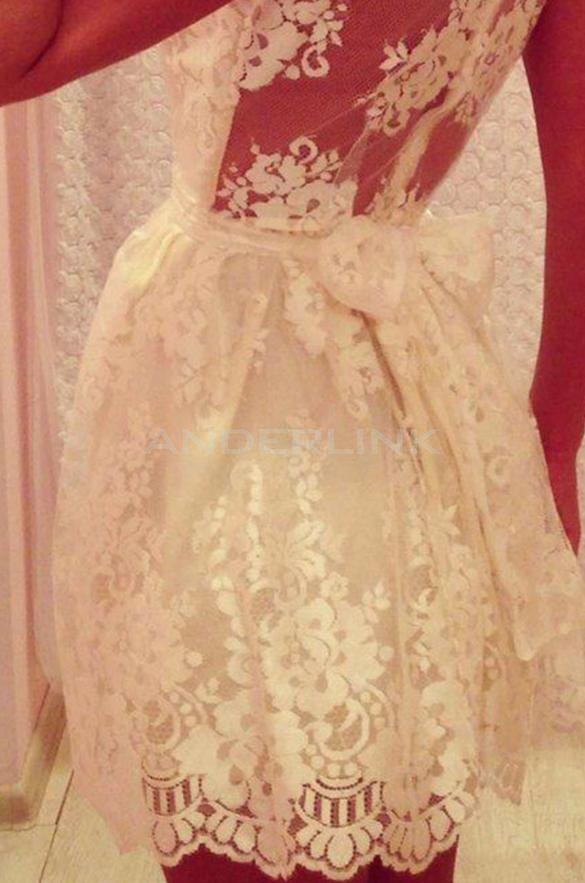 Stylish Lady Women Sweet O-Neck Sundress Lace Floral Bow Decor Casual Party Pleated Dress