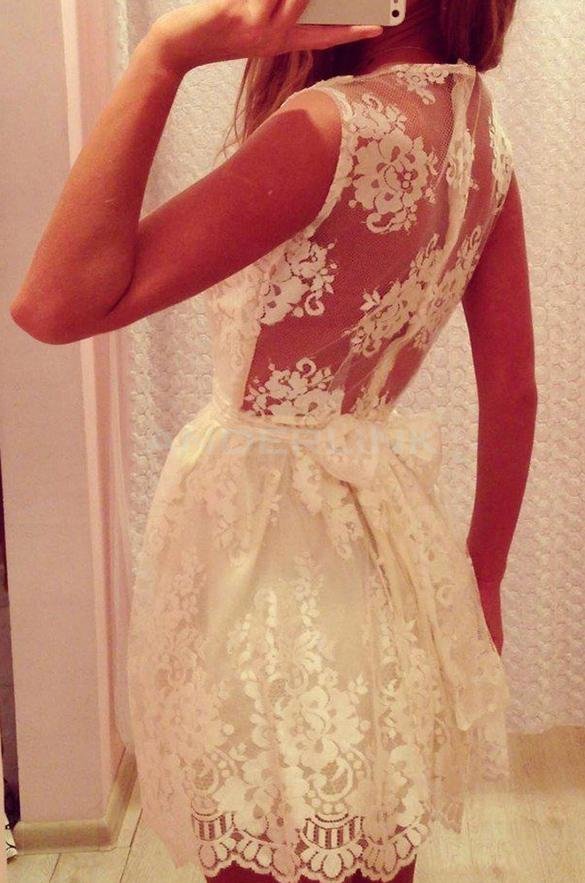 Stylish Lady Women Sweet O-Neck Sundress Lace Floral Bow Decor Casual Party Pleated Dress