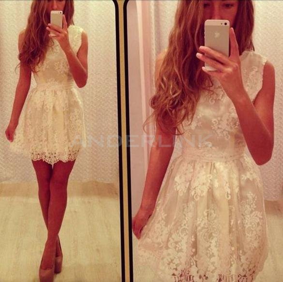 Stylish Lady Women Sweet O-Neck Sundress Lace Floral Bow Decor Casual Party Pleated Dress