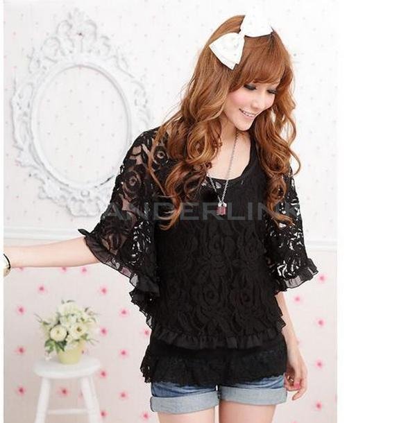 unknown Stylish Lady Women's New Fashion Two Piece Lace Batwing Sleeve Slash Neck Cover Up Blouse and Tank Tops