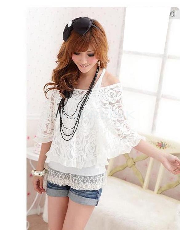 unknown Stylish Lady Women's New Fashion Two Piece Lace Batwing Sleeve Slash Neck Cover Up Blouse and Tank Tops