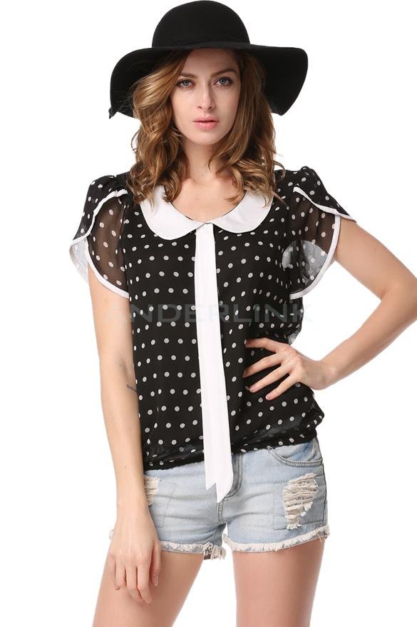 unknown Hot Style Lady Women Plus Sizes Summer Casual Chiffon Shirt Polka Dot Doll Collar Top