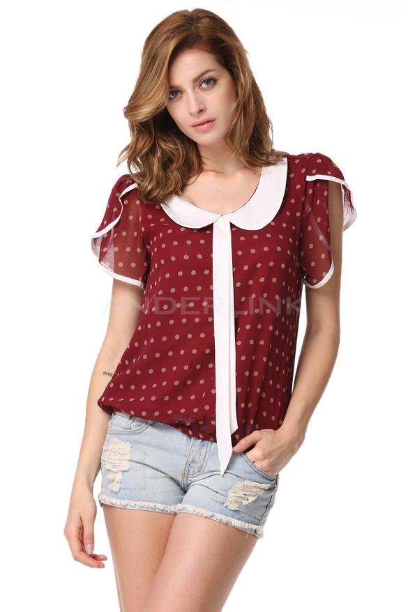 unknown Hot Style Lady Women Plus Sizes Summer Casual Chiffon Shirt Polka Dot Doll Collar Top