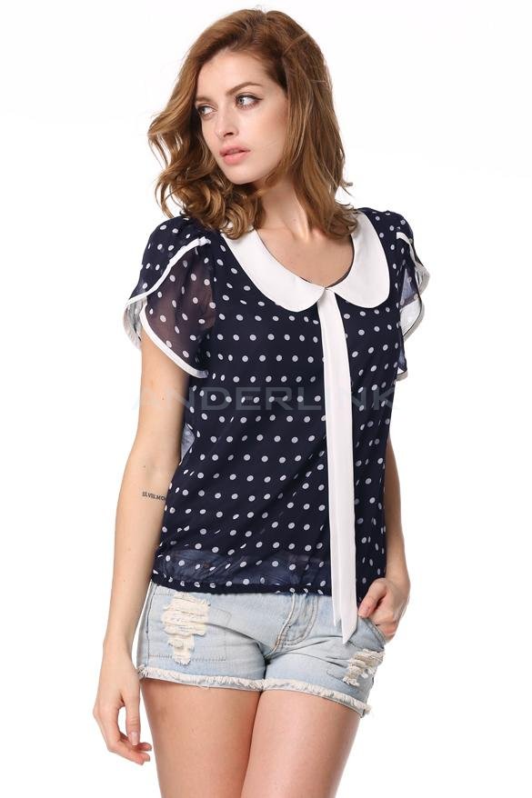 unknown Hot Style Lady Women Plus Sizes Summer Casual Chiffon Shirt Polka Dot Doll Collar Top