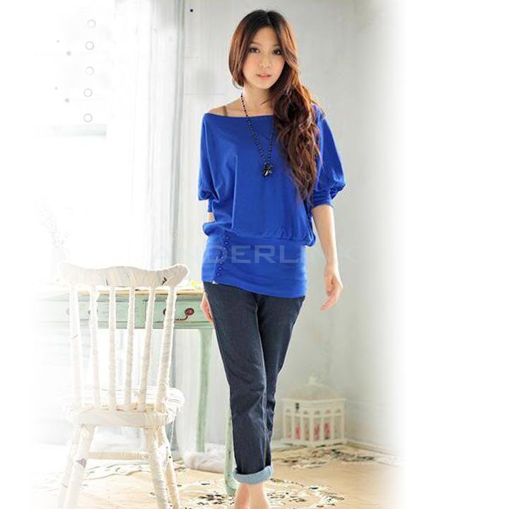 unknown Stylish Lady Women O-Neck Batwing Sleeve Casual Loose Stretch Tops Blouse with Beads
