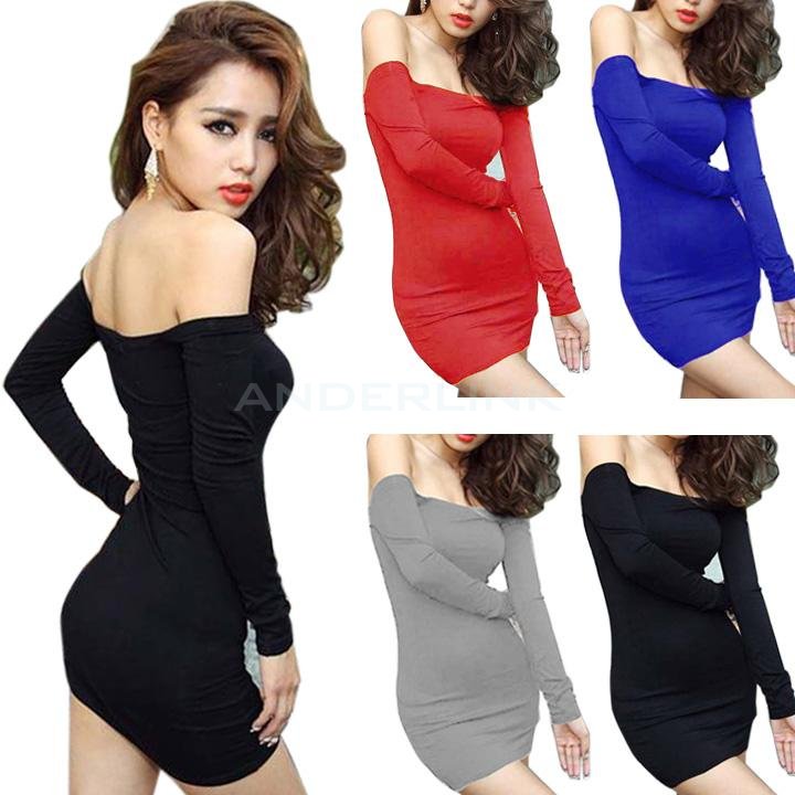 Sexy Women Slash Neck Long Sleeve Mini Dress Off Shoulder Bodycon Clubwear Dress