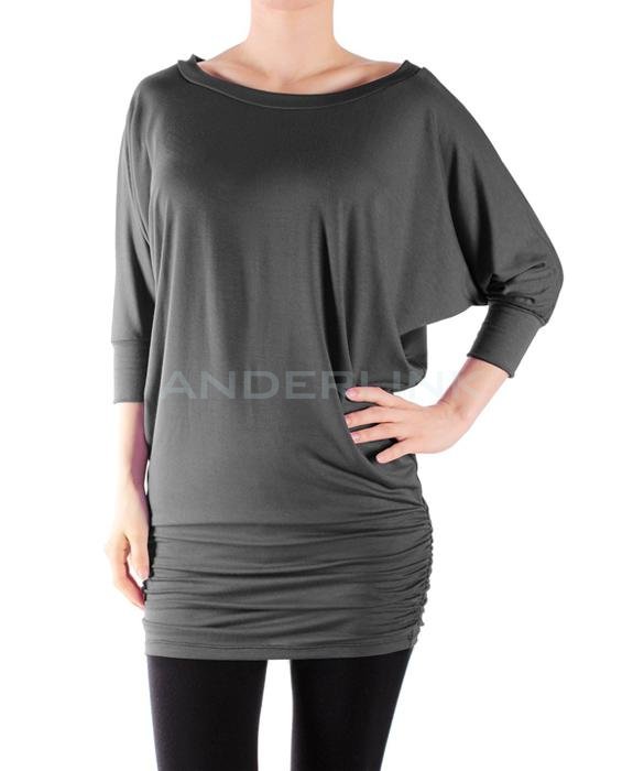 unknown Stylish Good Quality Lady Women O-Neck Batwing Sleeve Side Drape Loose Casual Dress