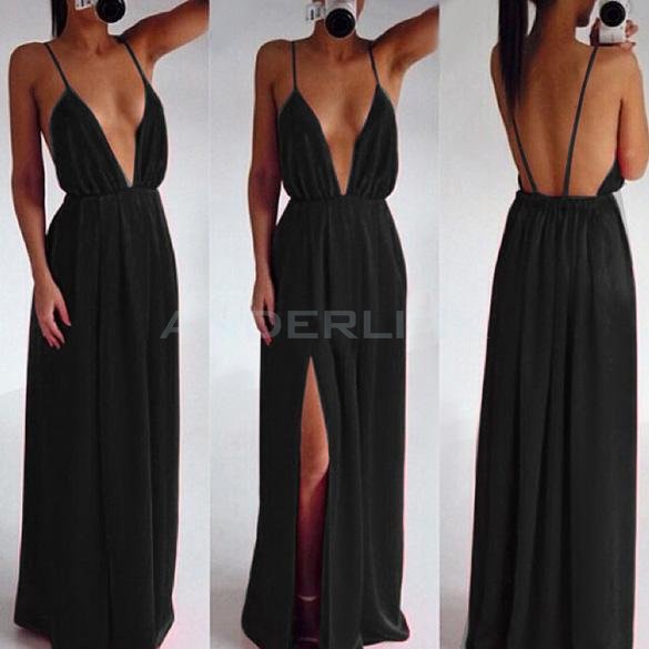 unknown New Stylish Women's Sleeveless Sexy Deep V-Neck Spaghetti Strap Backless Slit Long Dress