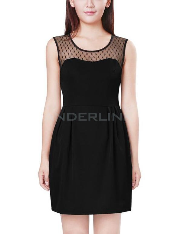 unknown Summer Lady Women Elegant Slim Dress Sleeveless High Waist Dress Mesh Stitching Short Dress