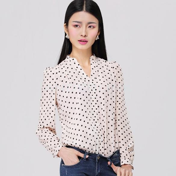 unknown New European Women's Girl Long Sleeve Dot Pattern Lapel Loose Blouse Shirt