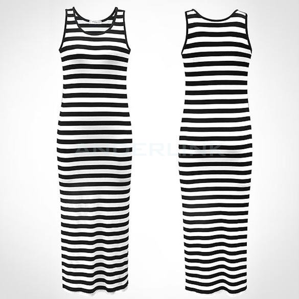 unknown New Vintage Retro Style Scoop Neck Striped Beach Long Maxi Dress Party