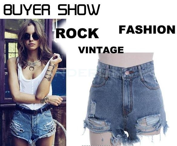 unknown Women's Punk Rock Fashion Street Vintage Style Grunge Hole Water Wash Retro High Waist Sexy Shorts Jeans Pants