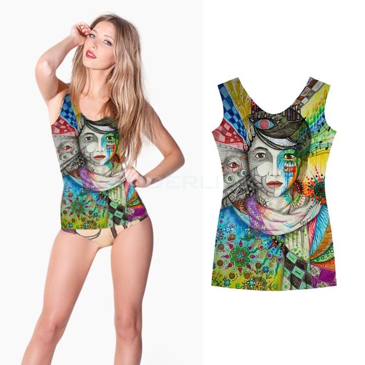 unknown 15 Types Women's Colored Painting Printing Vest Stretch Bodycon One Piece Slim Fit Tank Tops T-shirt