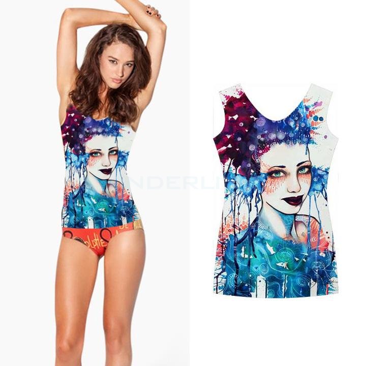 unknown 15 Types Women's Colored Painting Printing Vest Stretch Bodycon One Piece Slim Fit Tank Tops T-shirt