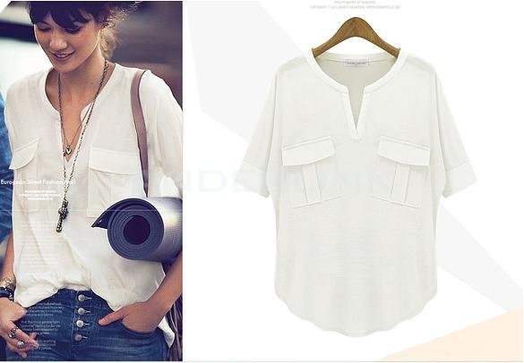 unknown Women's Fashion Summer Short-sleeve V-neck Cotton T-shirt Basic T-shirt Summer Shirt