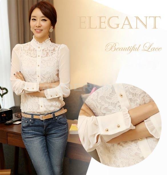 unknown Elegant Women's Long Sleeve Sheer Lace Floral Chiffon Casual Tops Blouse Shirt White
