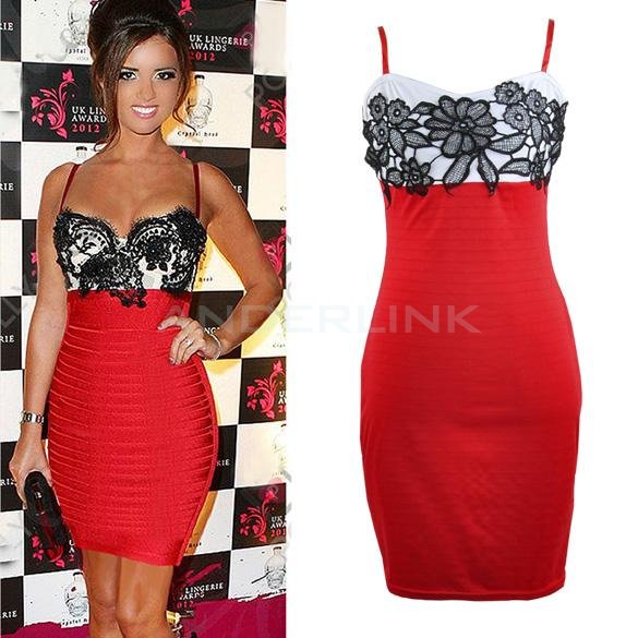 Women's Style Red Black Lace Party Evening Cocktail Bandage Bodycon Dress
