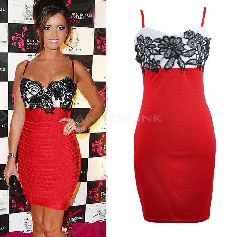Women's Style Red Black Lace Party Evening Cocktail Bandage Bodycon Dress