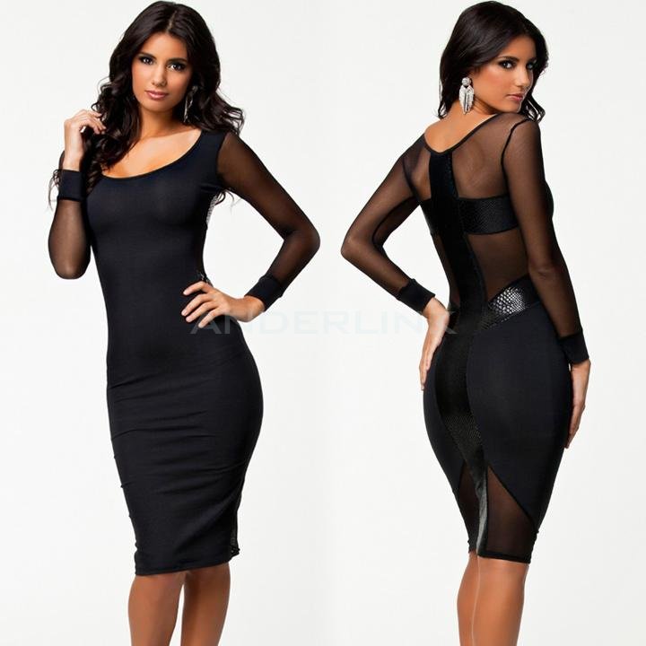 unknown Women's Sexy Dress Mesh Patchwork Long Sleeve Knee Length Bodycon Dress