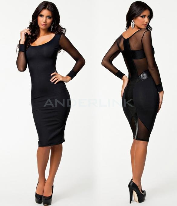 unknown Women's Sexy Dress Mesh Patchwork Long Sleeve Knee Length Bodycon Dress