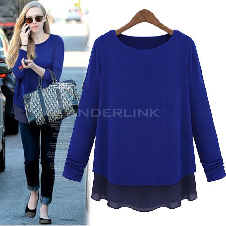 unknown New fashion women Contrast Long Sleeve Two Layer Tiered Knit with Chiffon Top Blouse M/L/XL